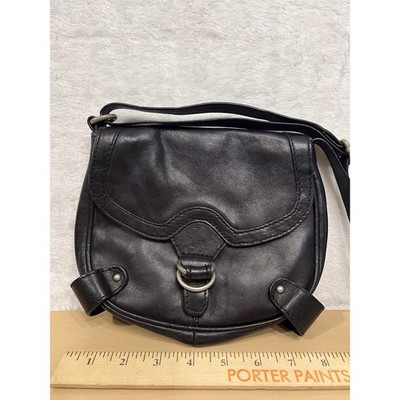 5th Avenue Black Genuine Leather Saddle Crossbody Bag Flap D-Ring Small Purse