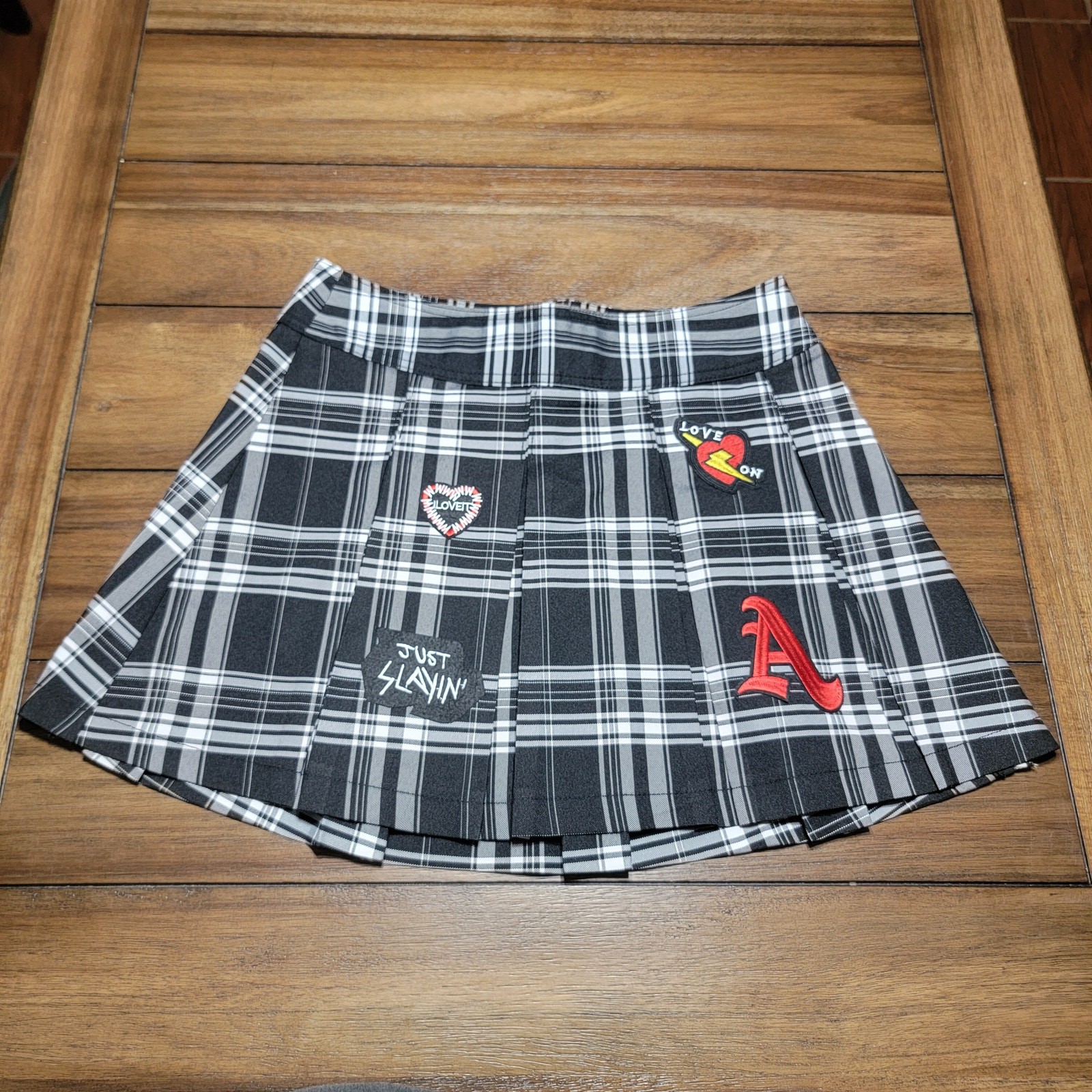 Punk Plaid Pleated Mini Skirt with Patches for Juniors - Medium 7-9