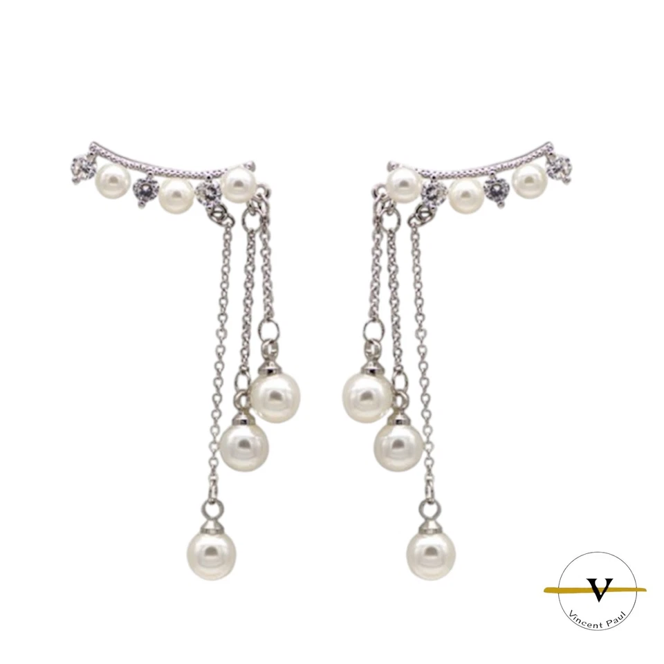 ORECCHINI DONNA CON PERLE PENDENTI E ZIRCONI ARGENTO 925 RODIATO ANALLERGICI - Immagine 2 di 4