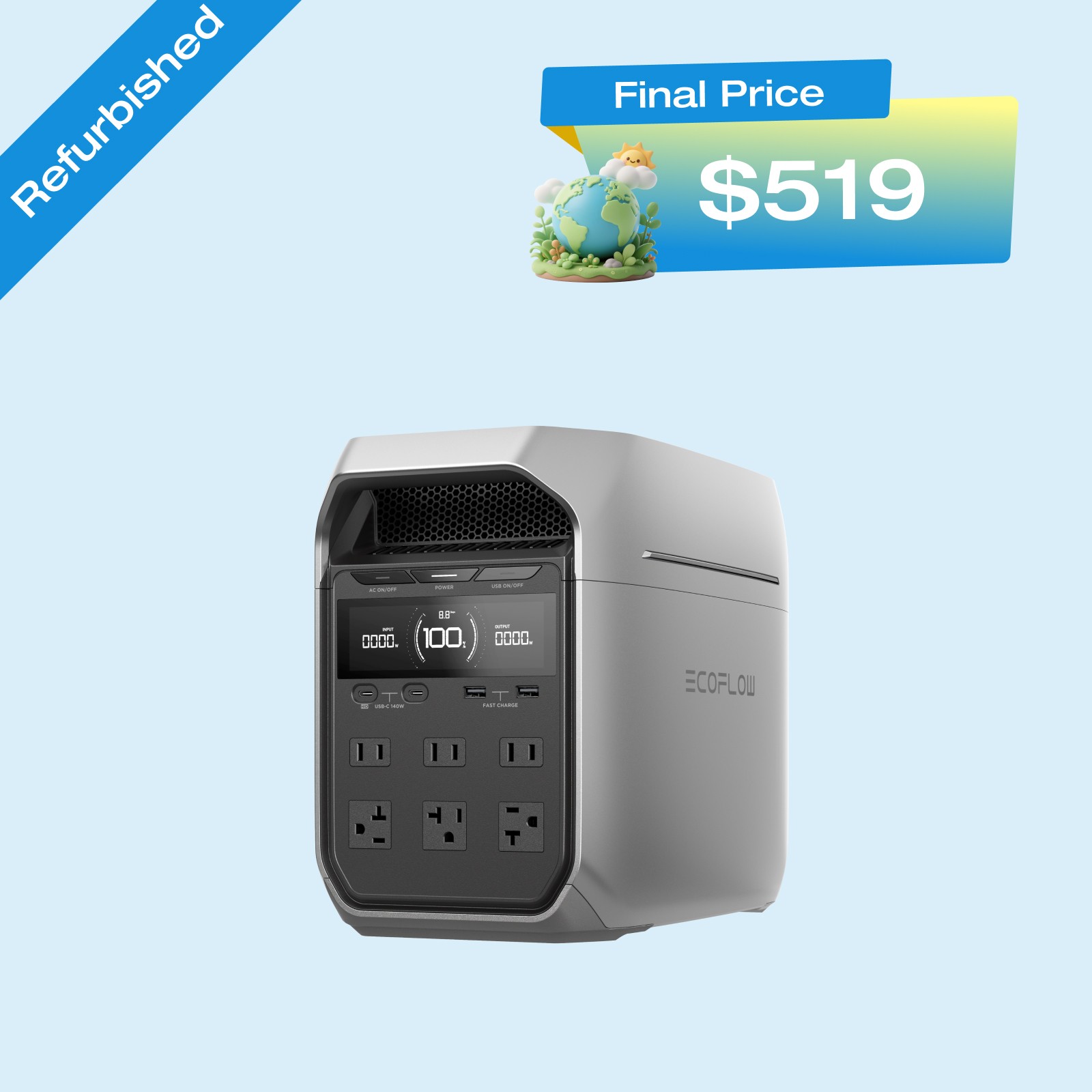 EcoFlow DELTA 3 Plus 1024Wh 1800W Portable Power Station LFP Battery Refurbished