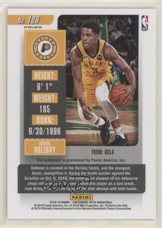 2018 Panini Contenders Optic Orange Prizm /25 Aaron Holiday #109 Rookie Auto RC - Image 2 of 2