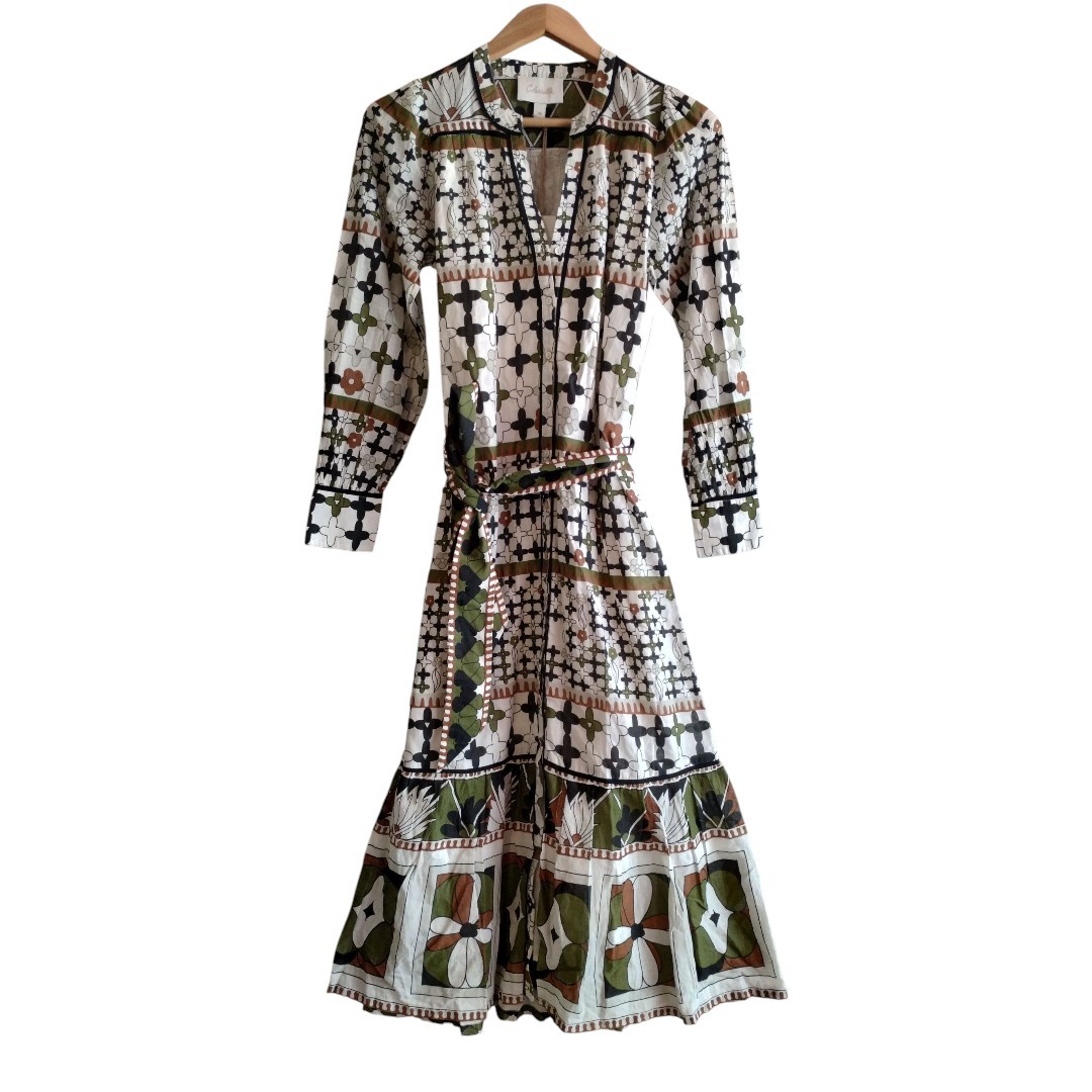 Cleobella Zariah Long Sleeve Maxi Dress Art Deco Print Belted Women's XS