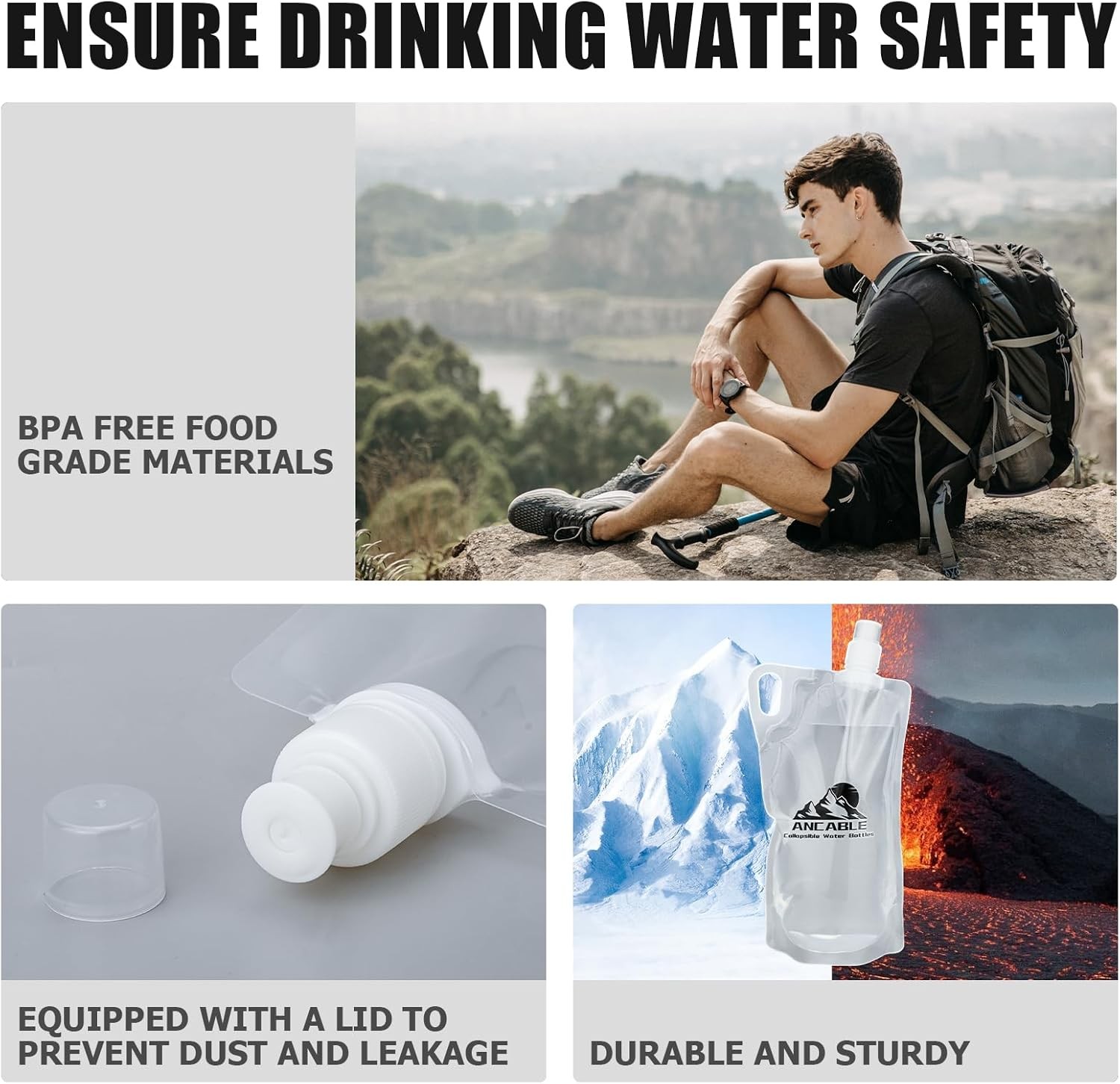 Ancable 33oz Collapsible Water Bottle 3-Pack BPA-Free for Hiking