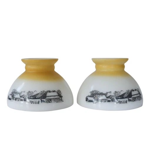 VTG Currier & Ives Farm Scene Milk Glass Lamp Shades PAIR Cottage Farmhouse Boho