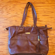 Lily Jade Brown Leather Diaper Bag Zip Top Pebbled Tassel Charm Gold Hardware