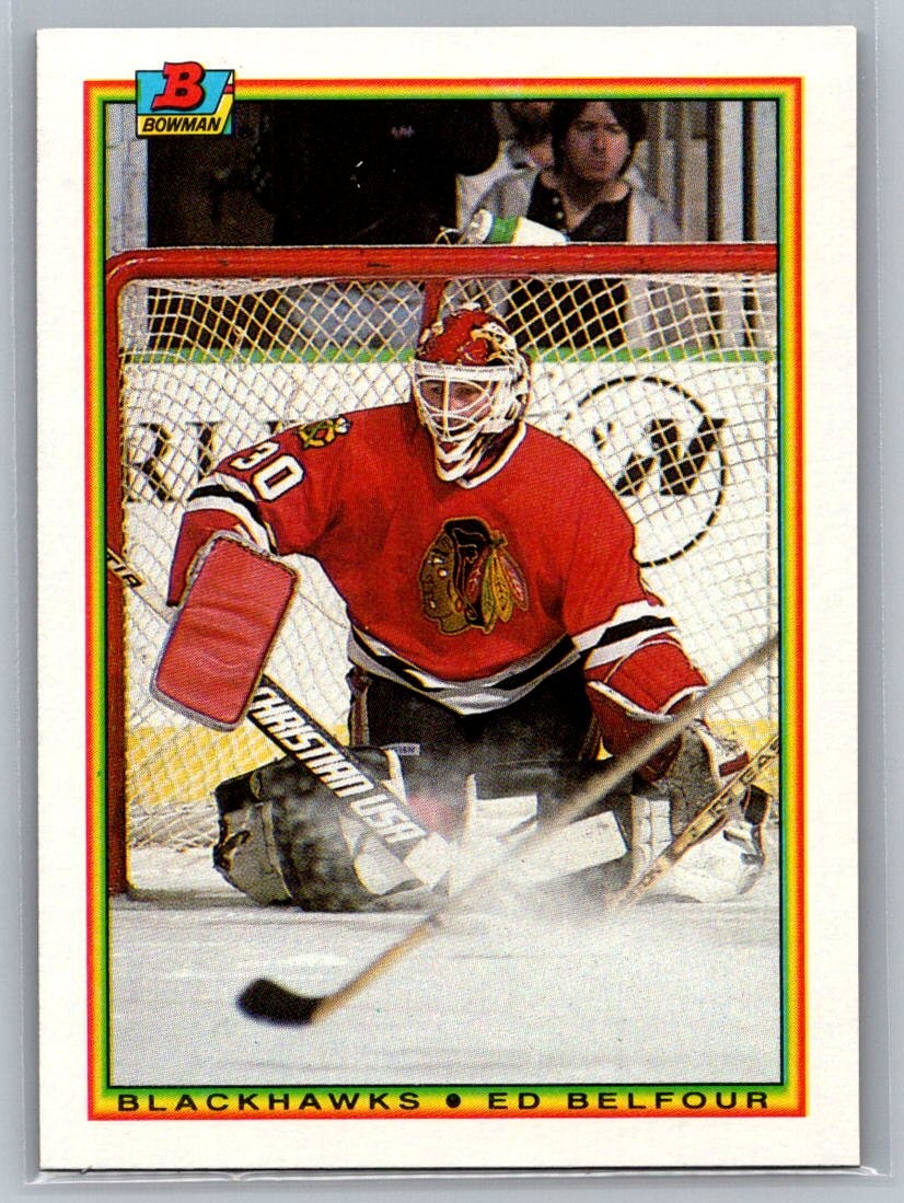 Ed Belfour #7 Hockey Cards 1990 Bowman trading card — raw and PSA graded price guide
