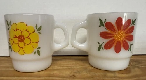 Fire King Mugs Cups Yellow Red Flower 3.5" Anchor Hocking USA Set of 2 VTG