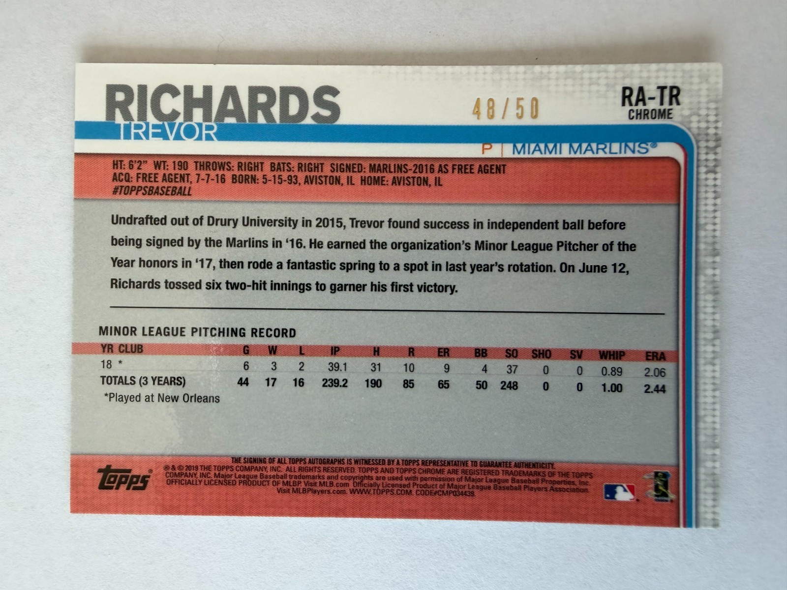 Trevor Richards Rookie Auto (Gold Wave - 48/50) | 2019 Topps Chrome | RA-TR view 2