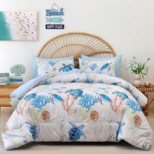 Coastal Quilt Set Queen Size - Sea Turtle Ocean Print Lightweight Soft Microfibe