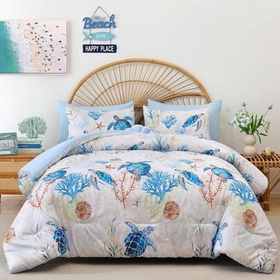 Coastal Quilt Set Queen Size - Sea Turtle Ocean Print Lightweight Soft Microfibe