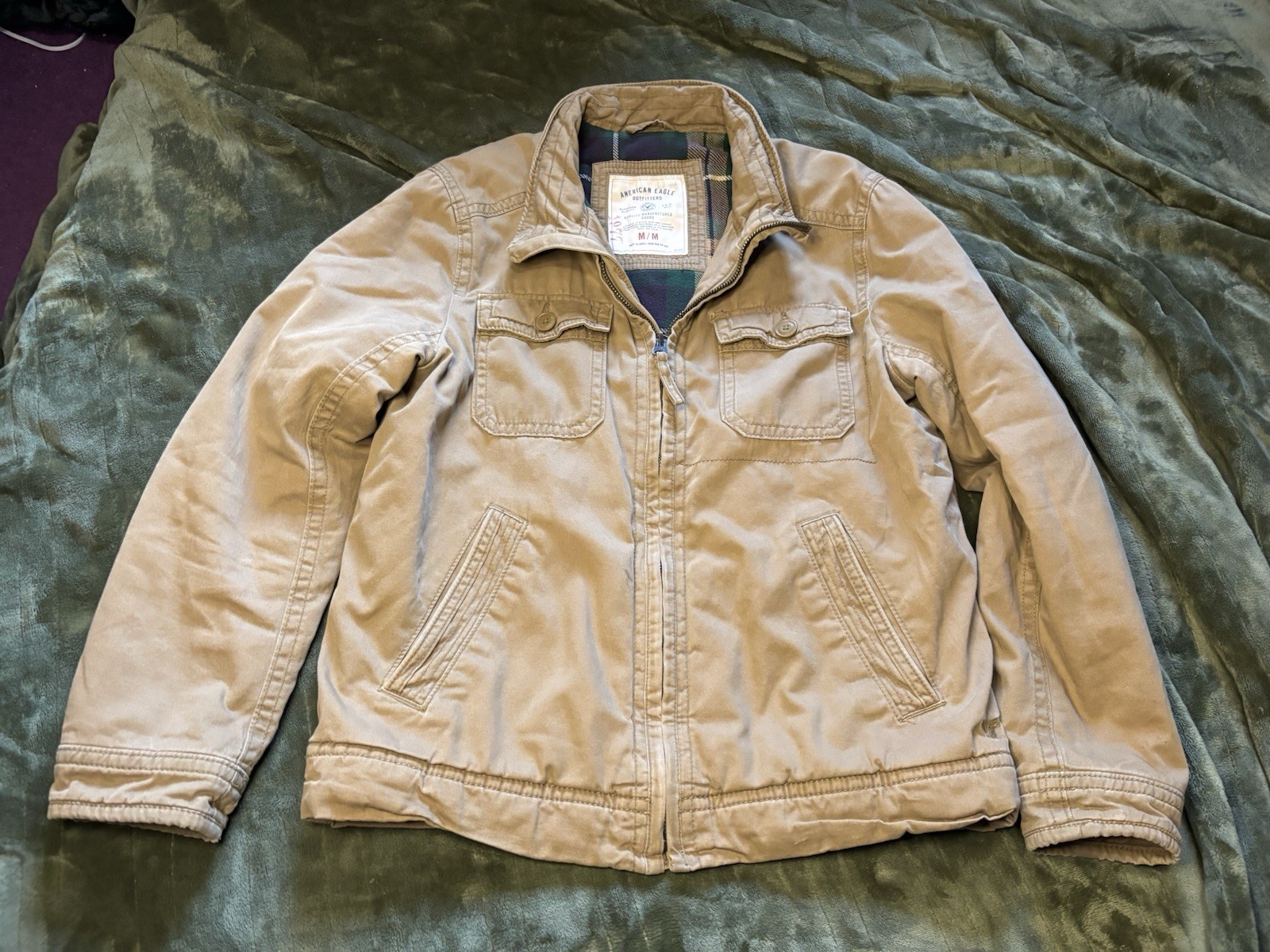 Vintage Y2K American Eagle Canvas Plaid Flannel Lined Jacket Coat Mens Medium
