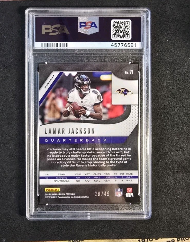 Lamar Jackson 2019 Panini Prizm #71 Purple Power Prizm /49 SP PSA 10 view 2
