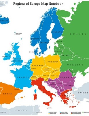 Regions of Europe Map Notebook: Wide Ruled Notebook, Full-Size at 8.5 x 11 Inche