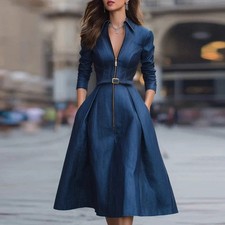 Modigirl Woman Blue A-Line Dresses 2025 Spring Fall New Pleated High Waisted Poc