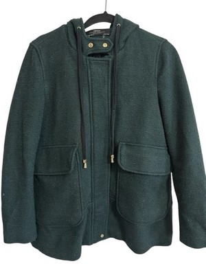 ZARA BASIC OUTERWEAR Coat Dark Green Hood Zip Button Front Lined Medium