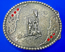 Standing Horse Stallion with Red Rhinestone Accents Western Oval Belt Buckle