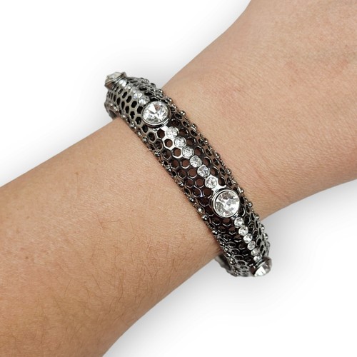 Rhinestone Bangle Bracelet Chunky Perforated Dark Silver Tone Curved ~9" Around - Picture 10 of 12