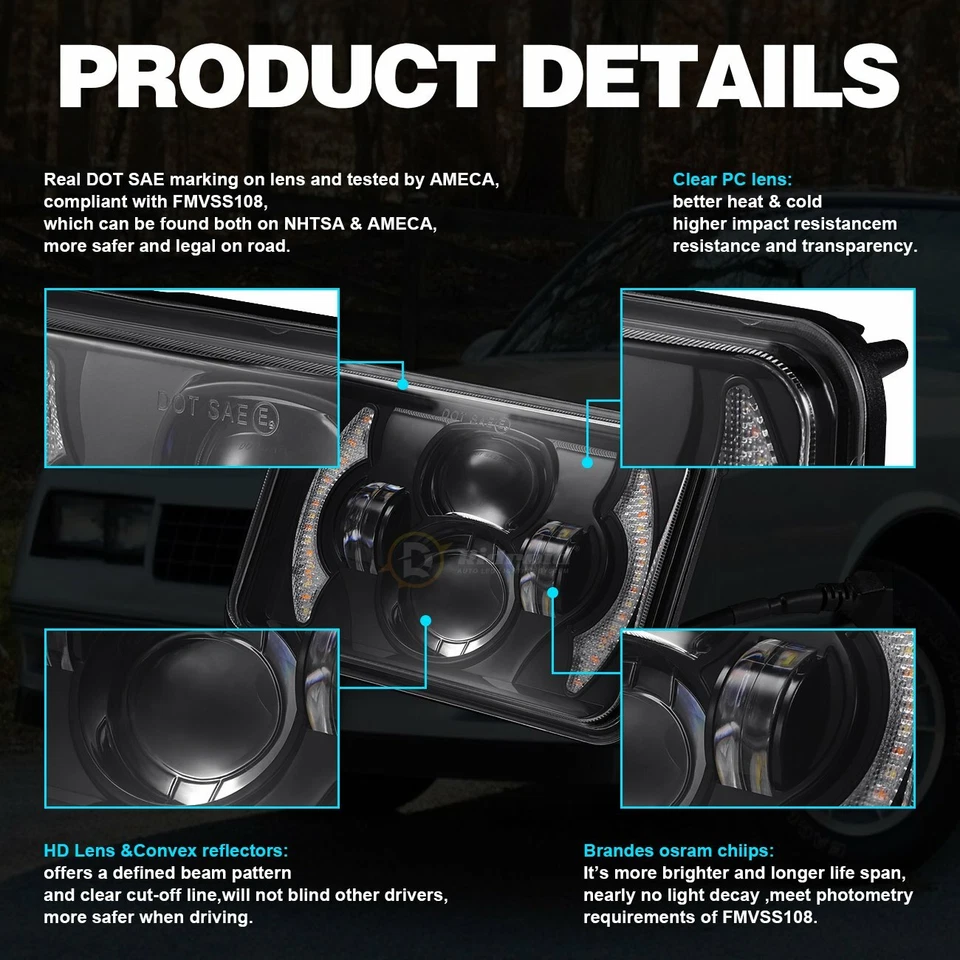 4PCS 4x6 Inch LED Headlights Halo DRL Sealed Beam For Delorean DMC12 1981-1983 - Image 4 of 4