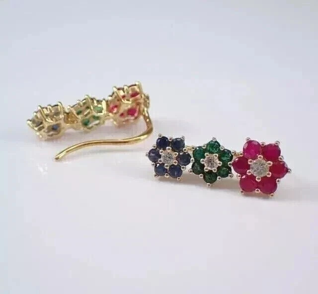 3Ct Lab Created Emerald Ruby Sapphire Women Earrings 14k Yellow Gold Plated - Image 3 of 3