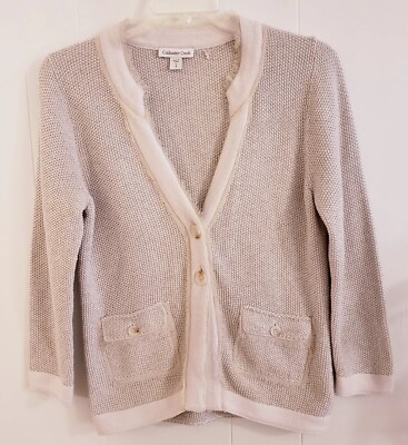 Coldwater Creek Cardigan Sweater Small 8 Cream Gold Thread 2 Button Party Formal