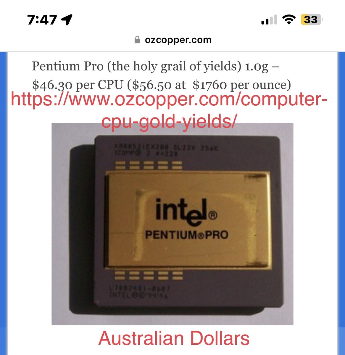 RARE WORKING INTEL PENTIUM PRO 200 512K SL22Z MOST GOLD 1.0G
