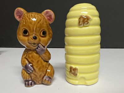 Vintage Japan Ceramic Anthropomorthic Bear and Bee Hive Salt & Pepper Shakers