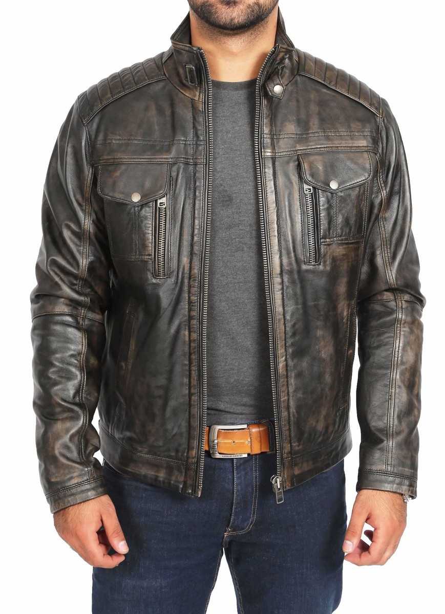 Mens fitted WASHED biker style leather jacket retro vintage rub
