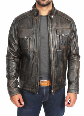 Mens fitted WASHED biker style leather jacket retro vintage rub