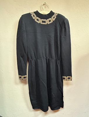 St. John Evening Knit Mini Sheath Sweater Dress 2 Mock Neck Embellished Black