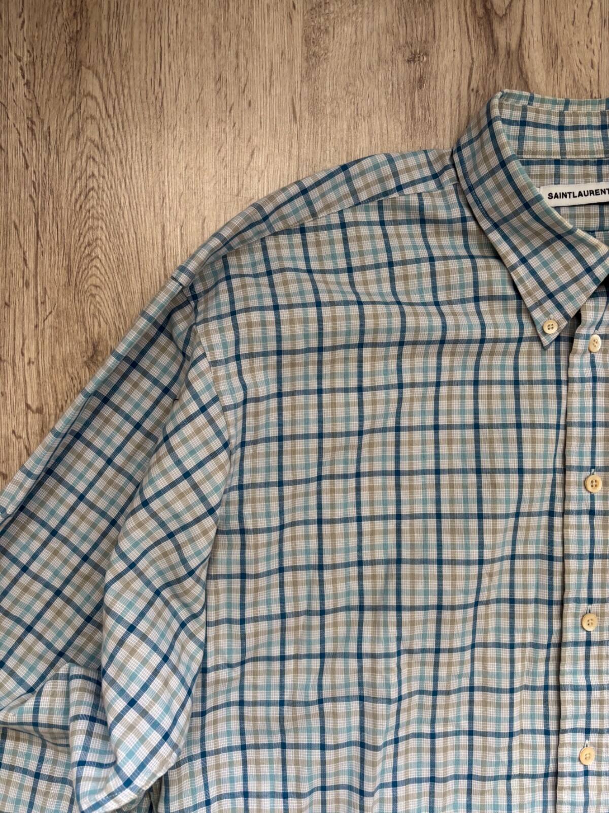 Camicia jeans vintage YSL Saint Laurent XL logo raro a quadri made in Macao