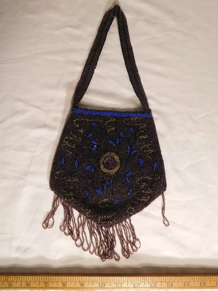 Impresionante cartera antigua con solapa púrpura, azul y dorado Foto 3 de 4