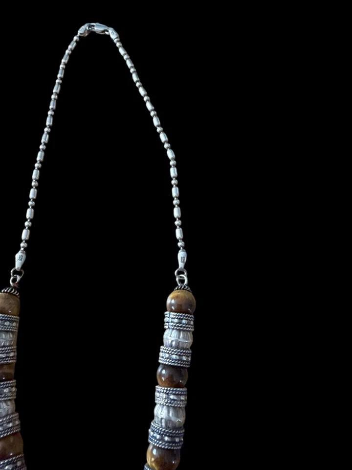 Collar vintage de plata esterlina 925 con cuentas de piedra ojo de tigre pesado bien hecho Foto 4 de 4