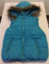 JUSTICE Girls size 8 blue winter vest with removable hood fur trim insulated