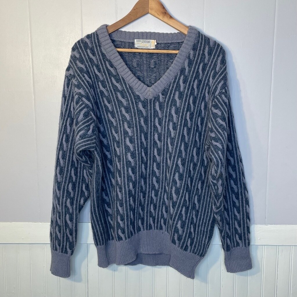 Vintage James Pringle pure wool cable knit sweater XL blue