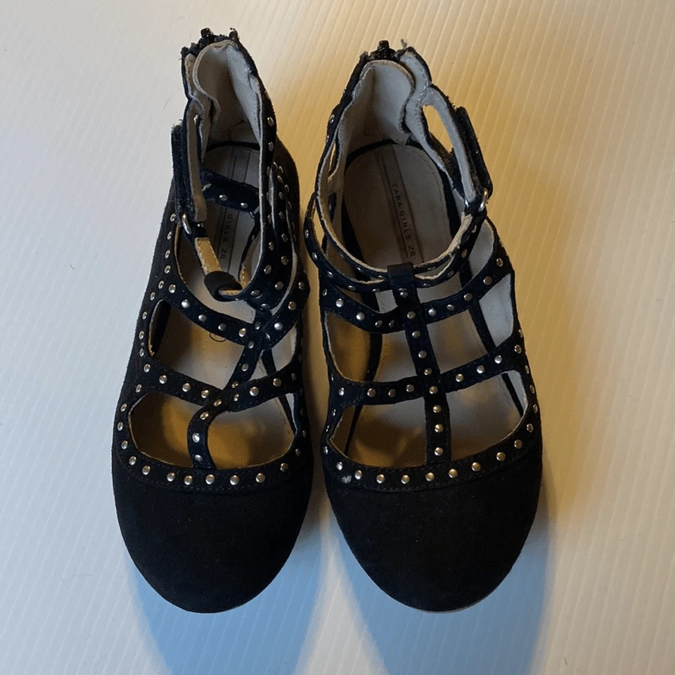 Zara Girls kids Black Cage Silver Stud faux suede Flats shoes -28.US 5 - Image 3 of 4