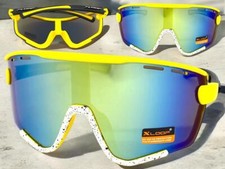 OVERSIZED Vintage Retro Sporty Wrap Shield Style SUNGLASSES Yellow White Frame