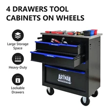 4 DRAWERS MULTIFUNCTION TOOL CART WITH WHEELS, 25.9' x 13.6' x 26.4', Black Blue