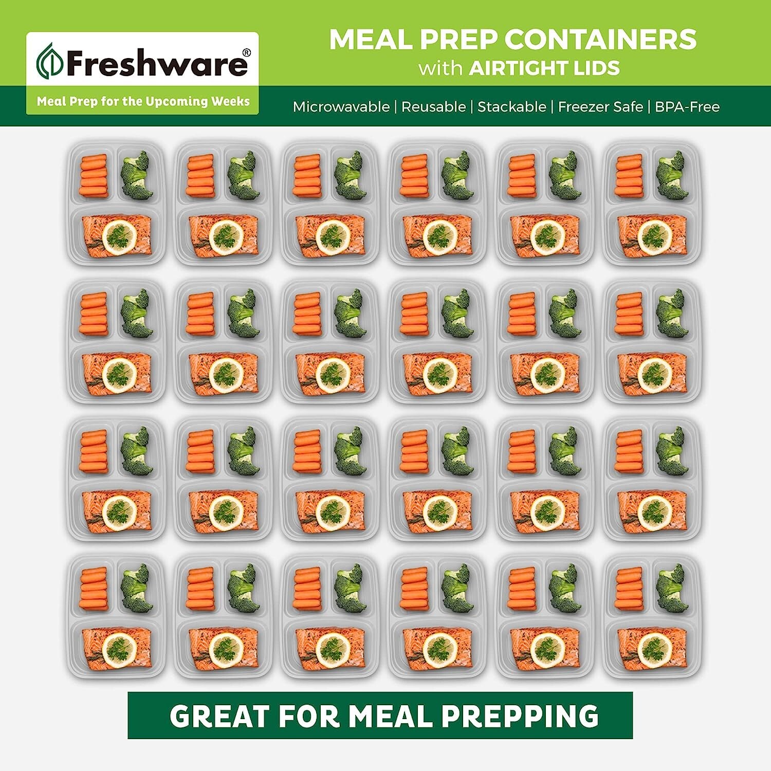 25 Pack Meal Prep Containers 3 Compartment with Lids, Food Storage