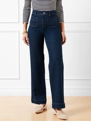 Talbots Relaxed Trouser Jeans Wide Leg Patch Pockets Blue Denim Dark Wash Size 4