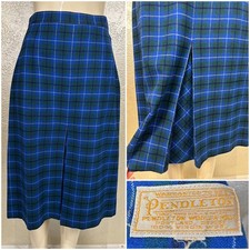 Vintage 1950s Ladies PENDLETON Bright Green  Blue Plaid Wool Skirt Box Pleat SM