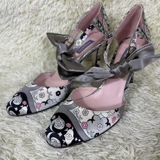 Emilio Pucci Sandals Heels Satin Bow Gray Ankle Strap Round Toe EU36