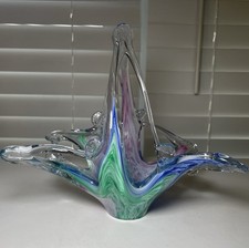 Vintag MURANO Italy Multicolor Handblown Small Stretched Glass Basket Candy Dish
