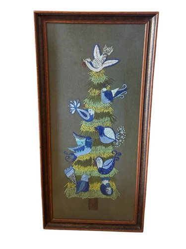 Vintage Paragon Bluebird Fir Tree Crewel Embroidery Wall Hanging MCM Framed