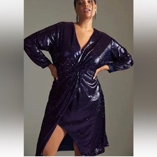 NWT Anthropologie | Blue Twist-Front Sequin Dress Cocktail V-Neck Disco 18W Plus