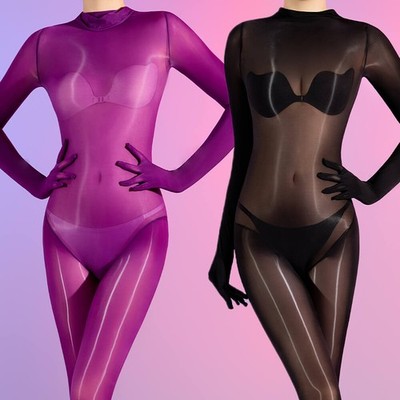 Womens Oil Glossy Bodystocking Ultra Sheer Shiny Catsuit Bodysuit Body Pantyhose