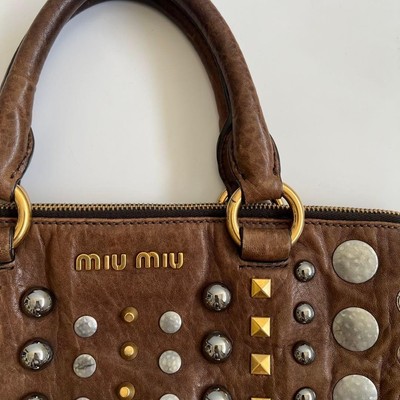 MIU MIU Vintage Archive Tote Bag Brown Leather Gold Silver Studs 