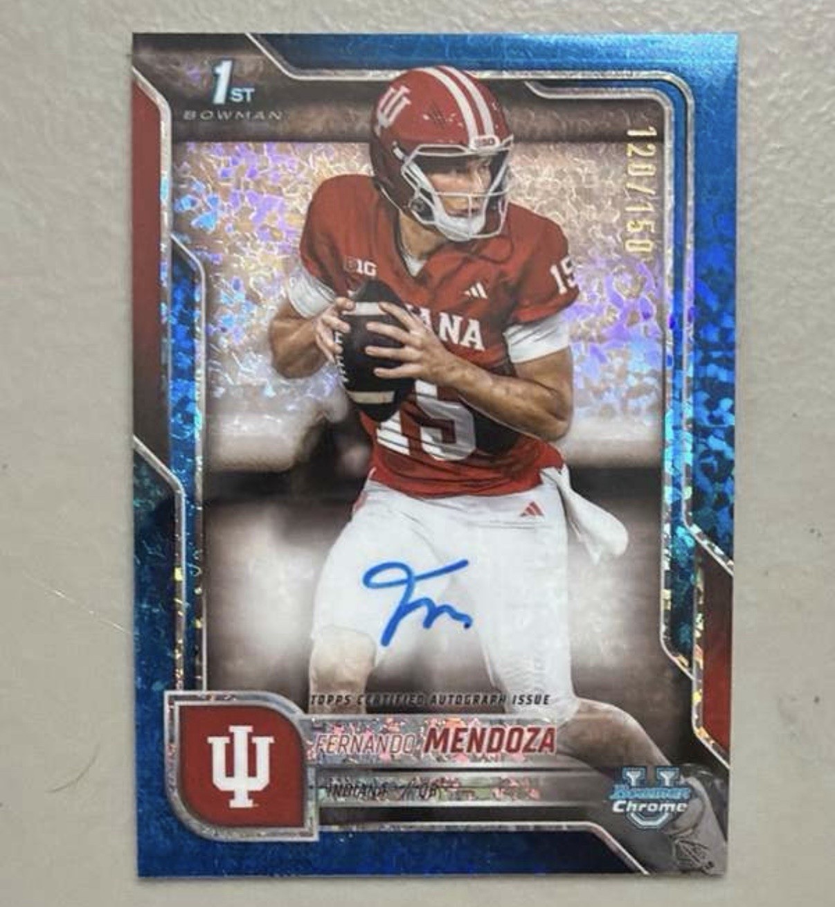 Fernando Mendoza 2025 Bowman Chrome U 1st Blue Mini Diamond On Card Auto /150