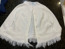 Vintage Julius Berger Girls Cape Shawl Knit Embroidered Off-white One Size