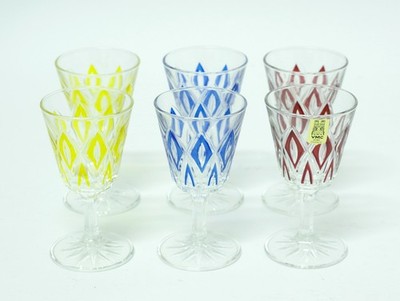 6 Likörglaser VMC Reims France retro Rauten Dekor 3 Paare gelb rot blau