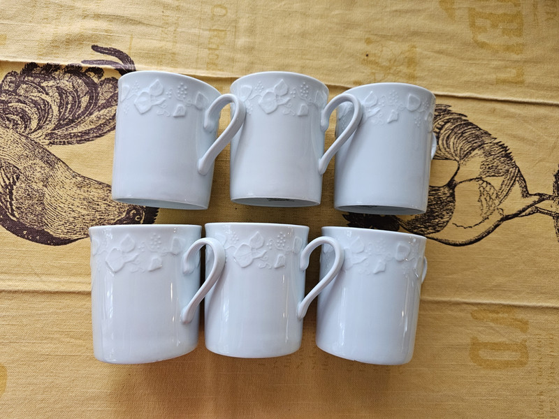 6 Lierre Lauvage porcelain mugs white fine bone china Embossed Made In France 